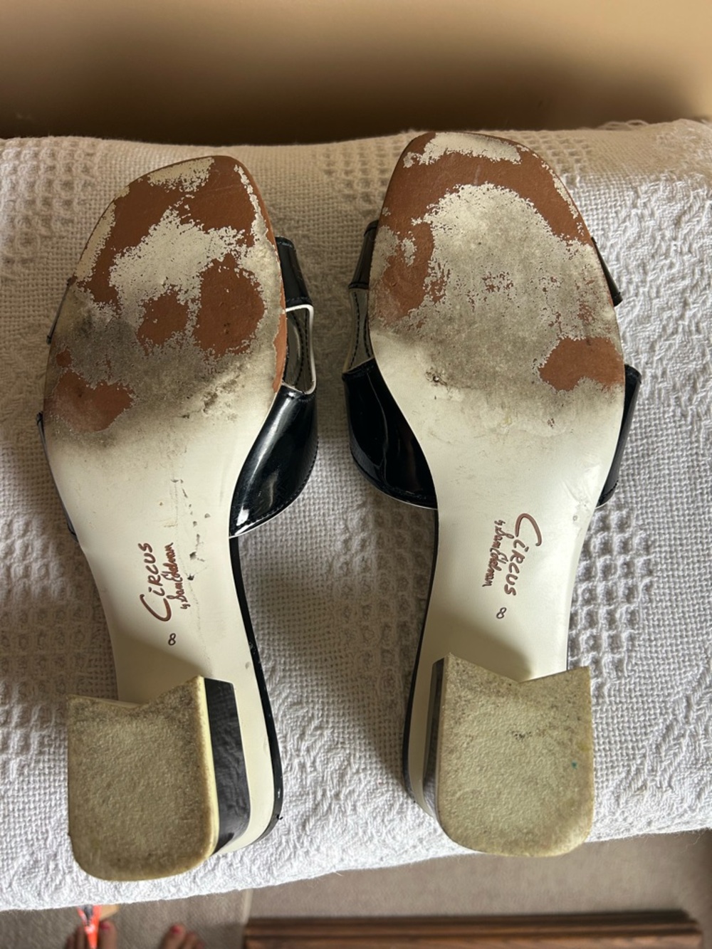 Black Patent Slide Mules with Ivory Accent Heel - Picture 9 of 11